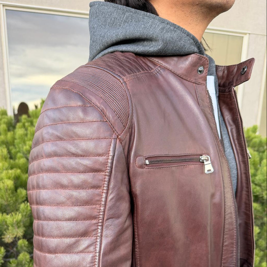 Men's Lamb Leather Jacket with Removable Hoodie
