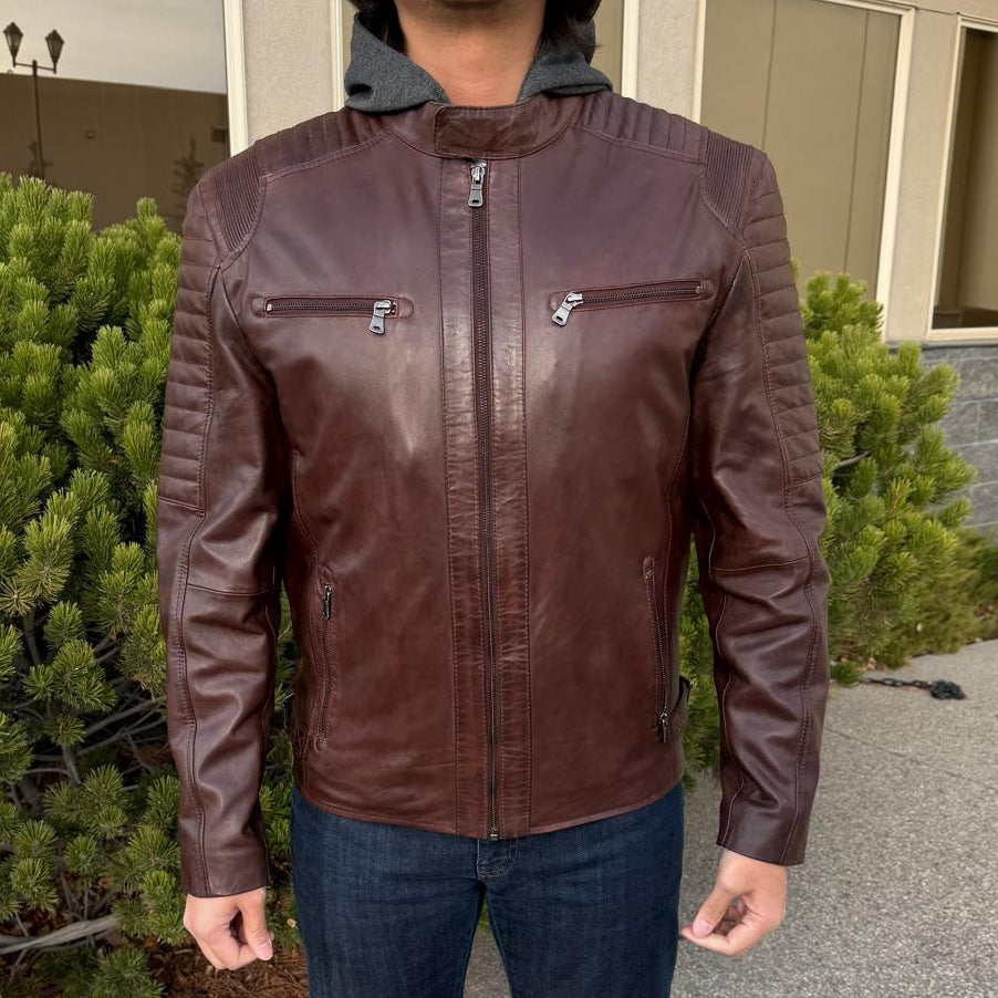 Men's Lamb Leather Jacket with Removable Hoodie