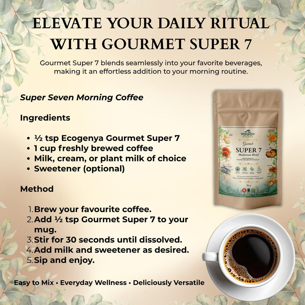 Ecogenya Gourmet Super 7 Mushroom Blend Powder – 7 Organic Fruiting Body Extracts for Coffee & Cooking