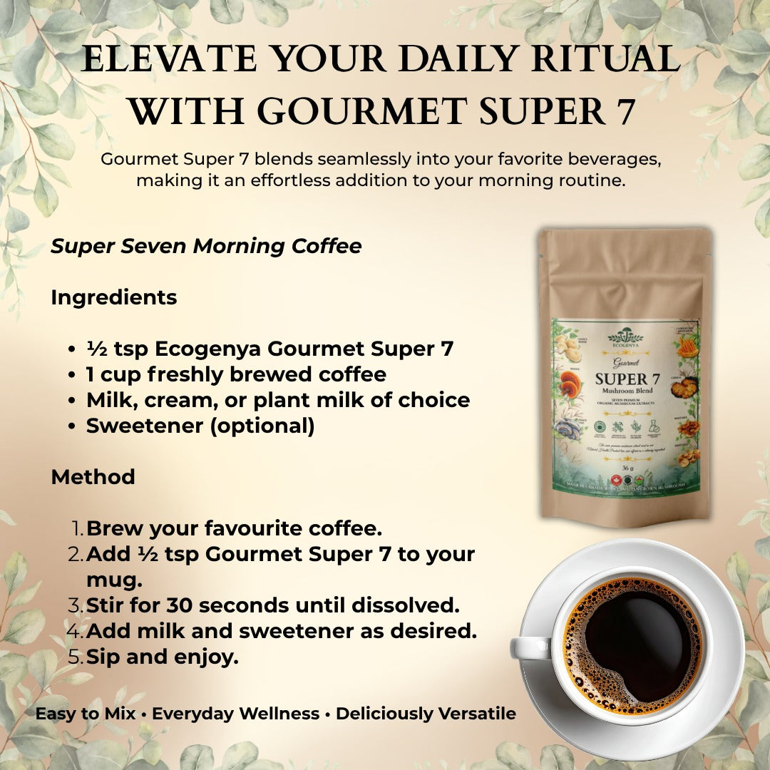Ecogenya Gourmet Super 7 Mushroom Blend Powder – 7 Organic Fruiting Body Extracts for Coffee & Cooking