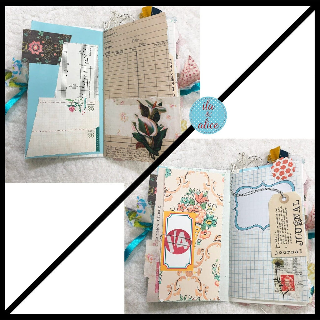 Whimsical Shabby Junk Journal- Blue w Birds Flowers and Lace Collage