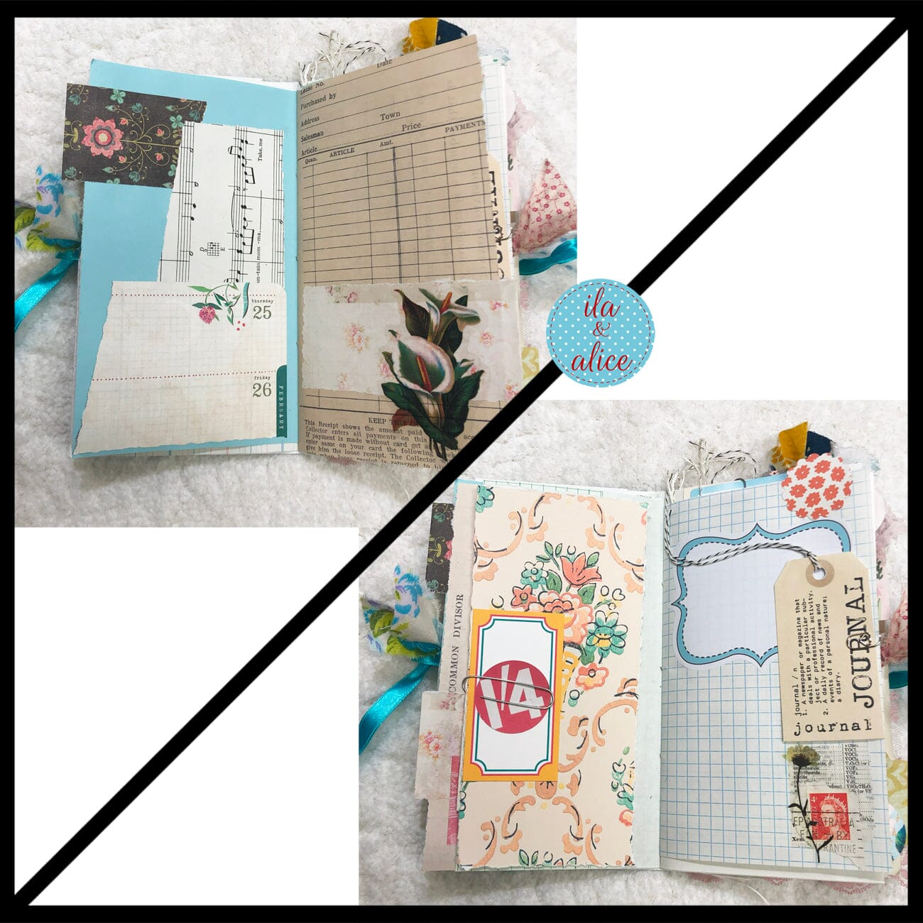 Whimsical Shabby Junk Journal- Blue w Birds Flowers and Lace Collage