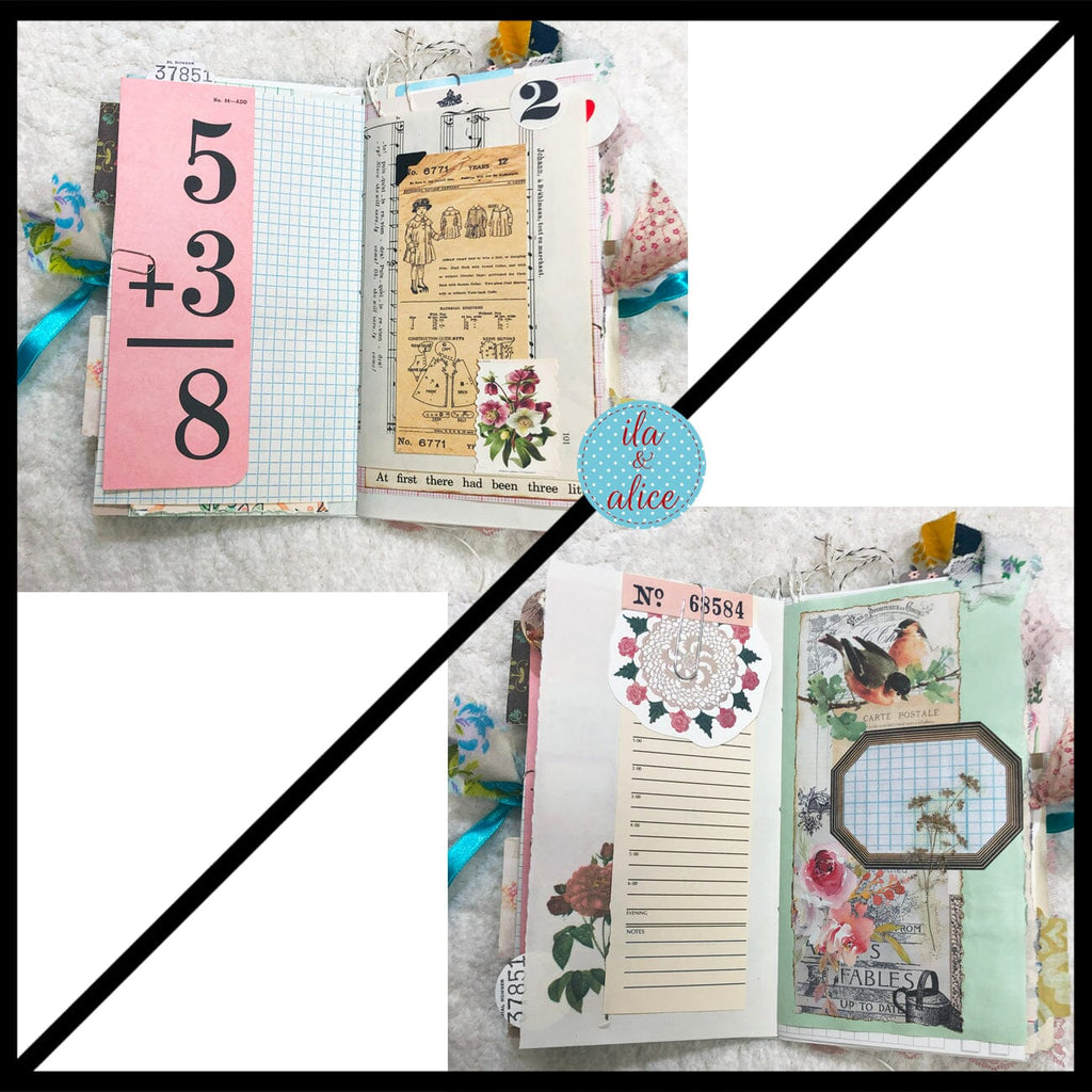 Whimsical Shabby Junk Journal- Blue w Birds Flowers and Lace Collage