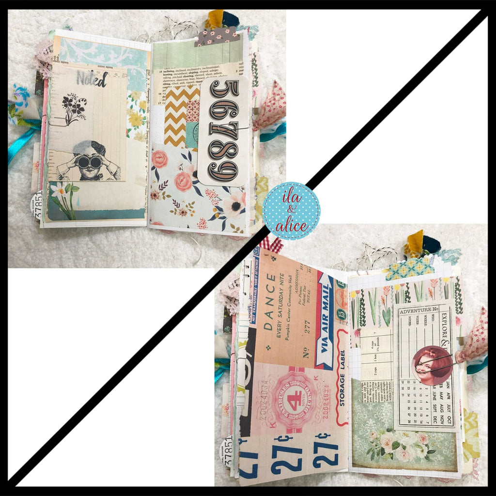 Whimsical Shabby Junk Journal- Blue w Birds Flowers and Lace Collage