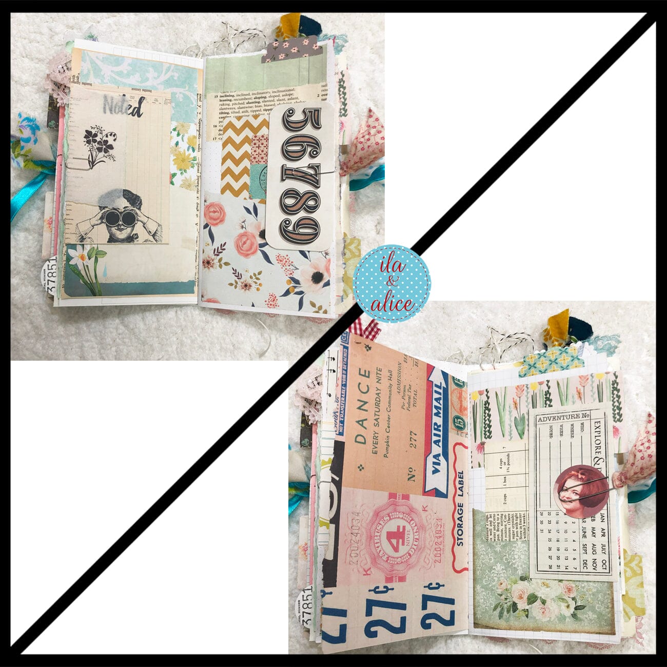 Whimsical Shabby Junk Journal- Blue w Birds Flowers and Lace Collage