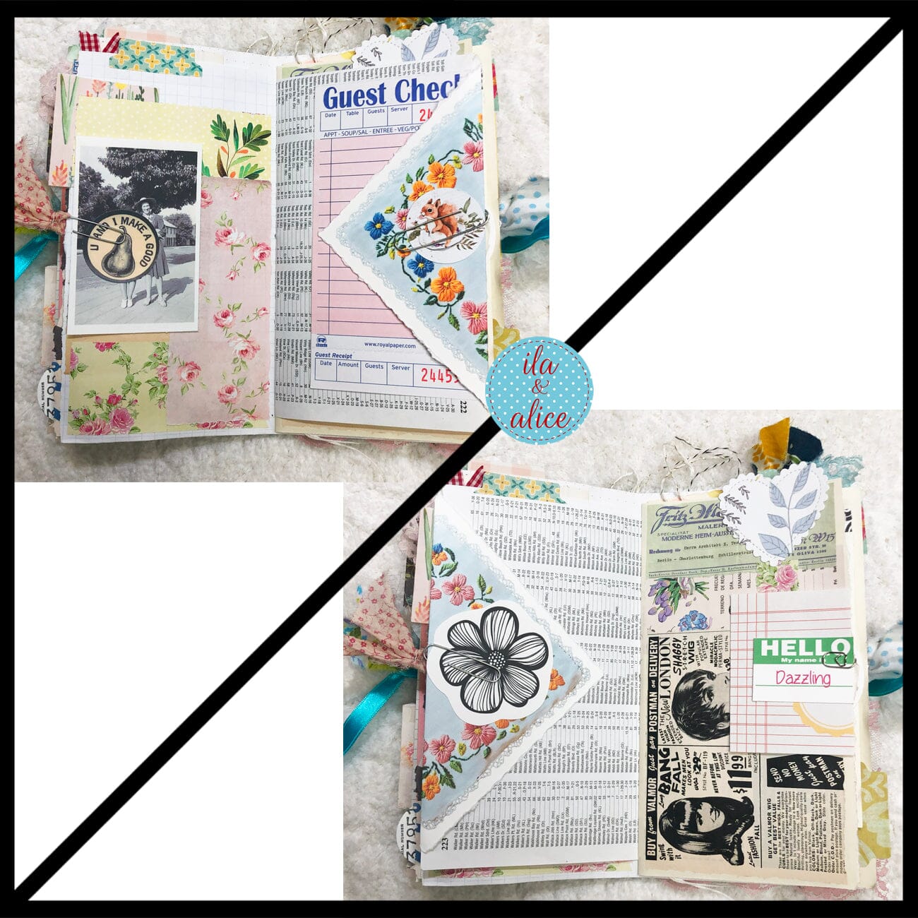 Whimsical Shabby Junk Journal- Blue w Birds Flowers and Lace Collage
