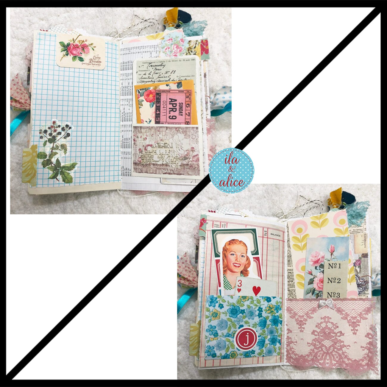 Whimsical Shabby Junk Journal- Blue w Birds Flowers and Lace Collage