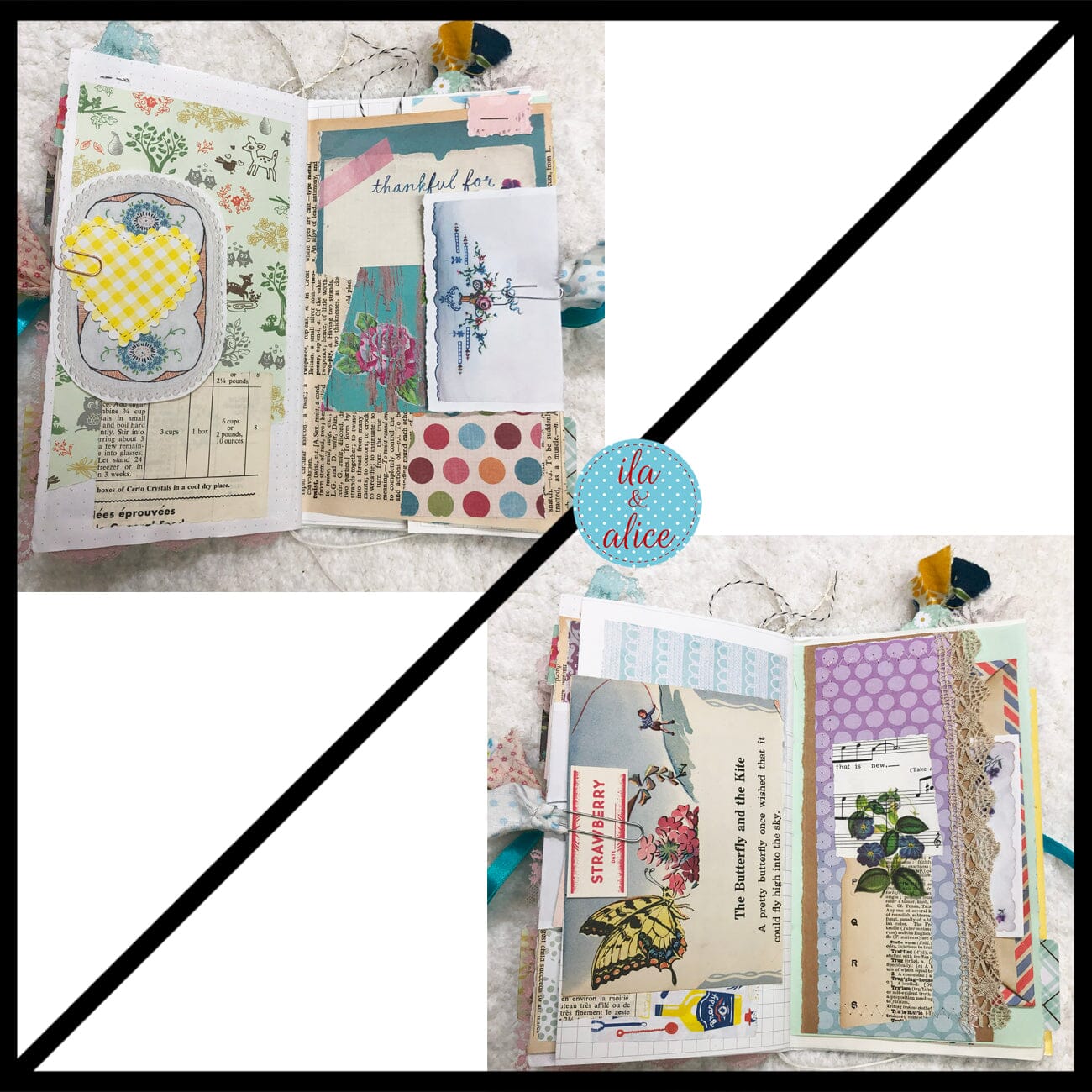 Whimsical Shabby Junk Journal- Blue w Birds Flowers and Lace Collage