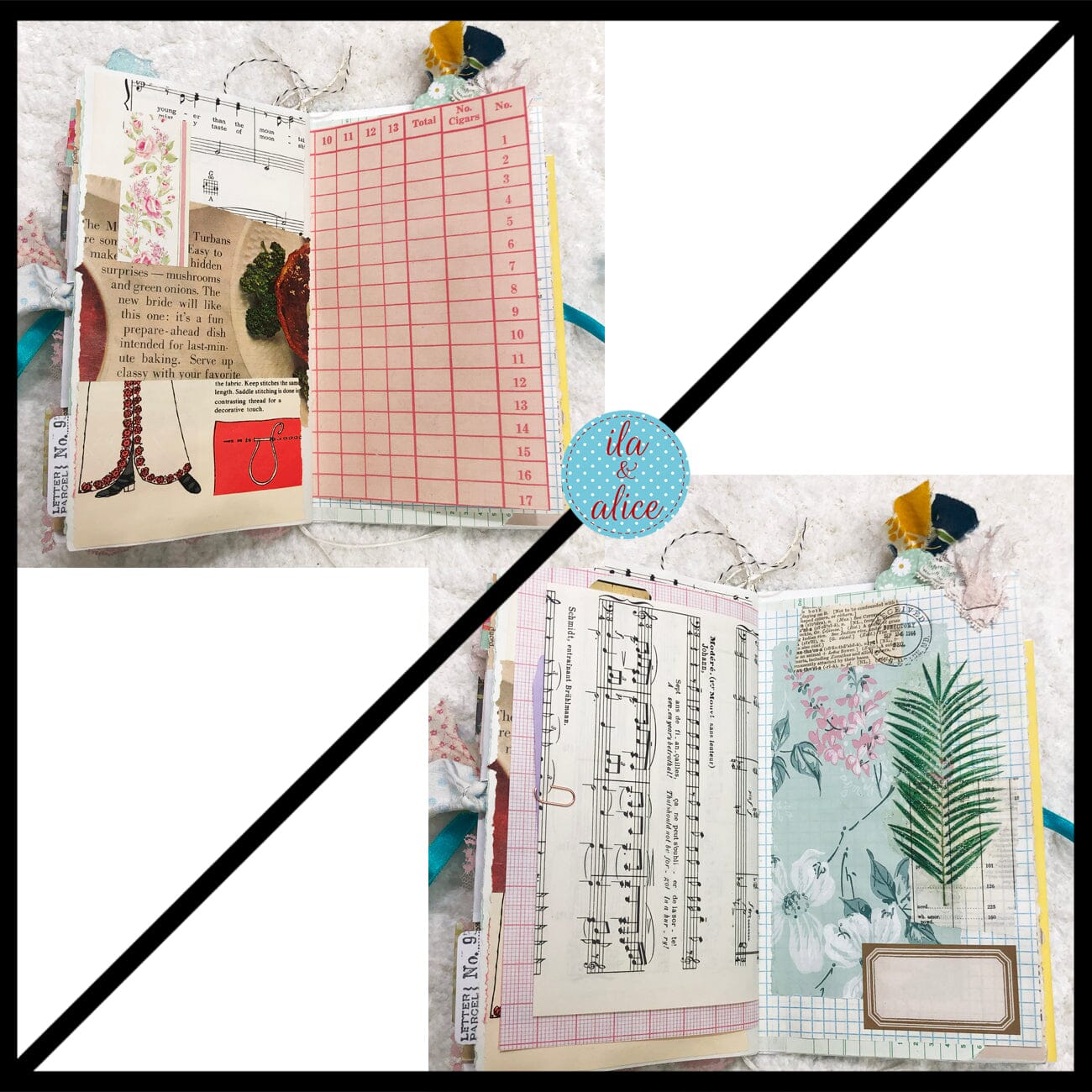 Whimsical Shabby Junk Journal- Blue w Birds Flowers and Lace Collage