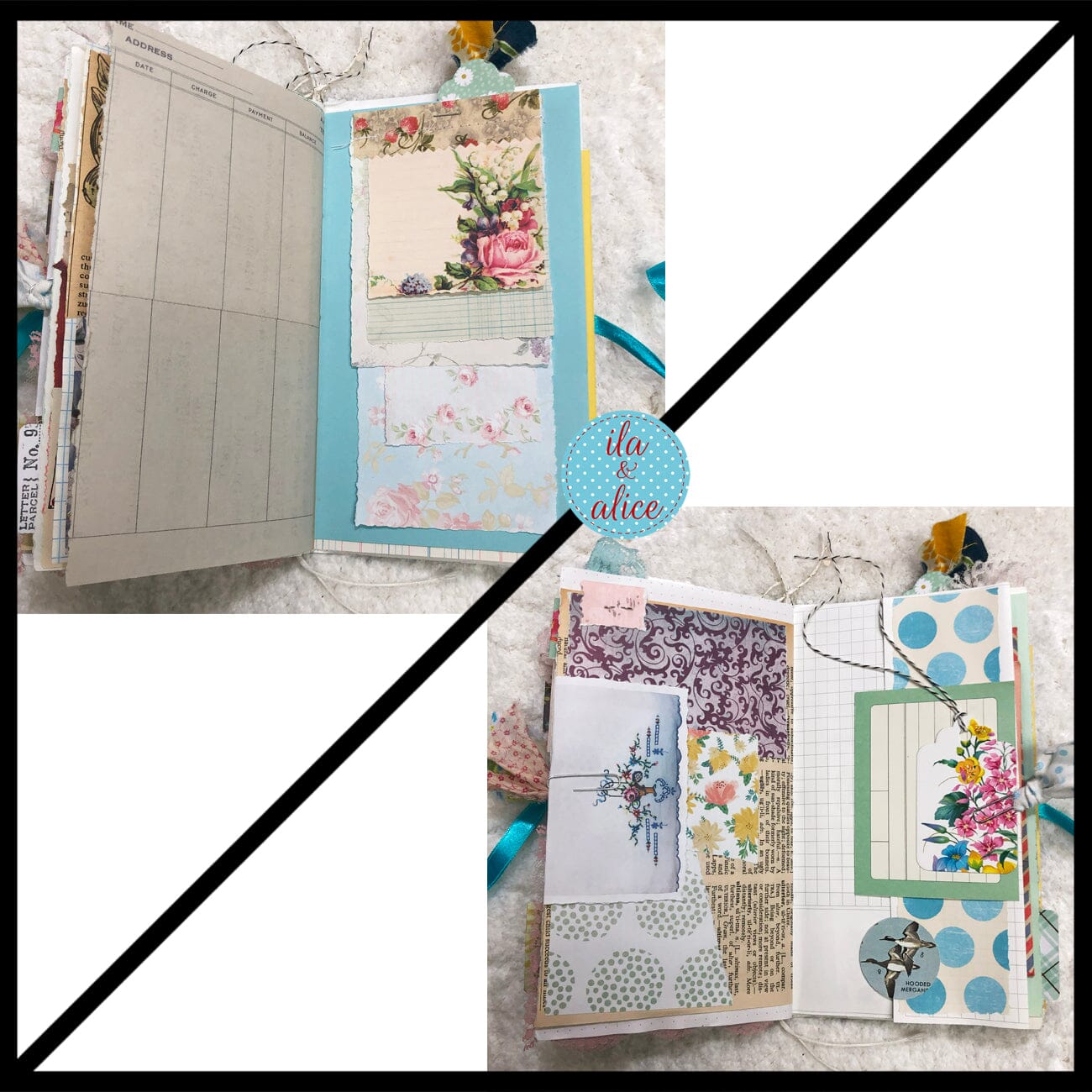 Whimsical Shabby Junk Journal- Blue w Birds Flowers and Lace Collage