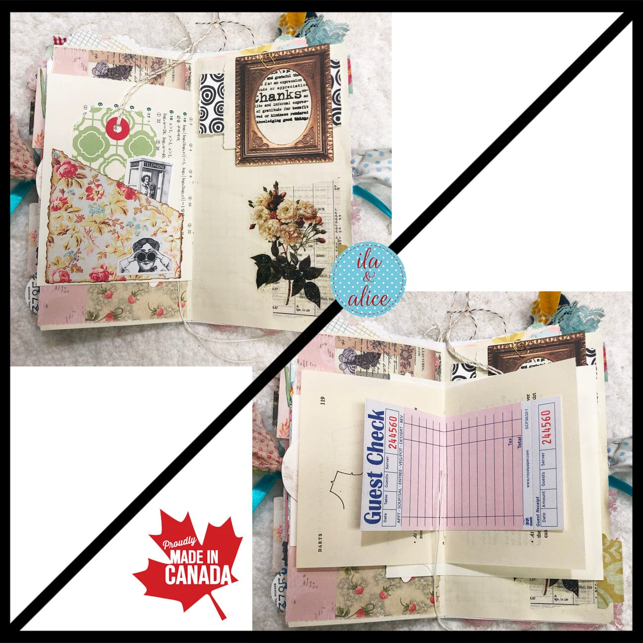 Whimsical Shabby Junk Journal- Blue w Birds Flowers and Lace Collage