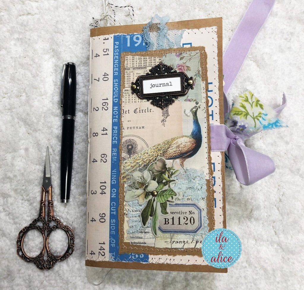 Whimsical Shabby Junk Journal- Blue Floral Mixed Media with Peacock and Lace