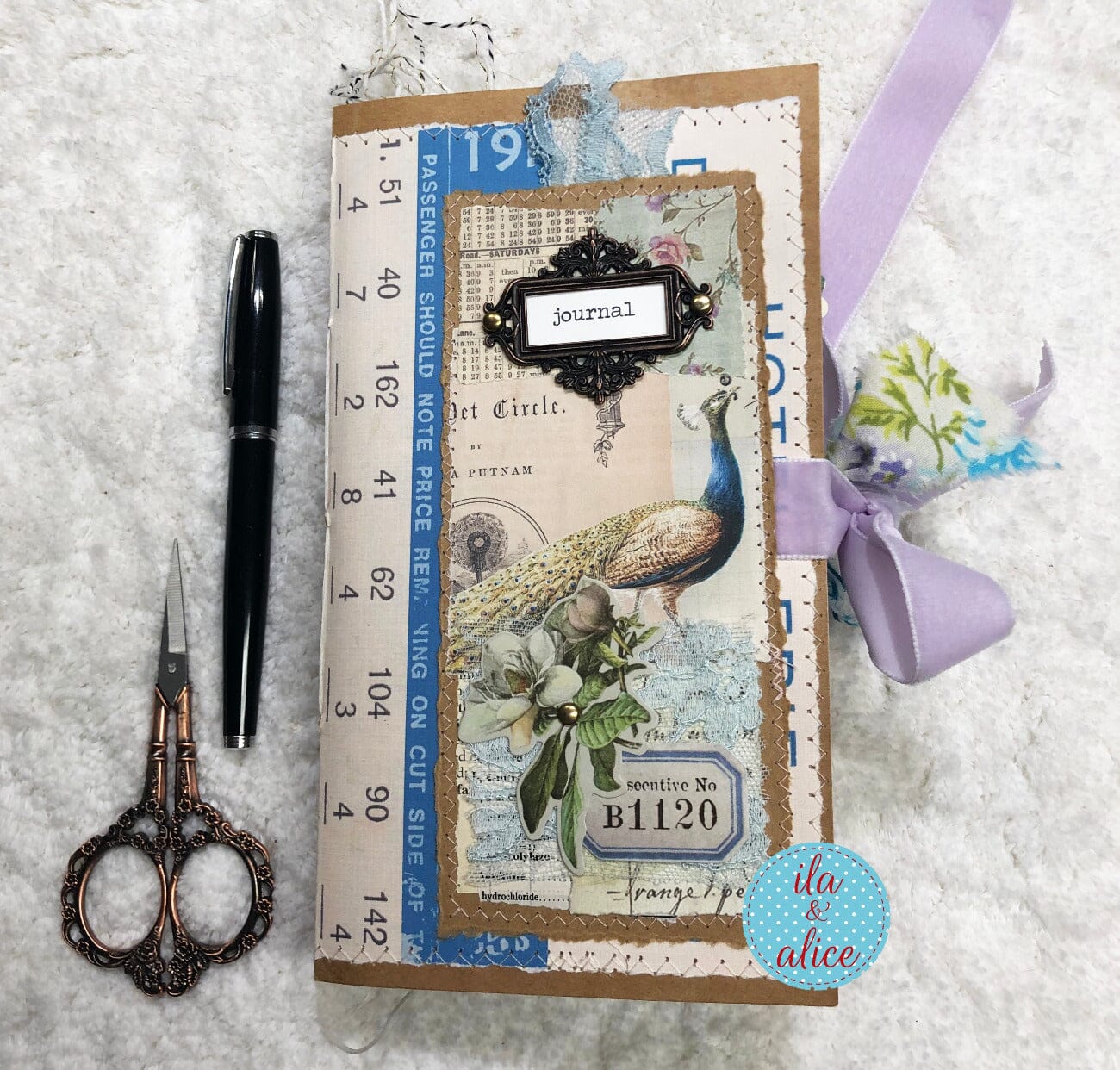 Whimsical Shabby Junk Journal- Blue Floral Mixed Media with Peacock and Lace