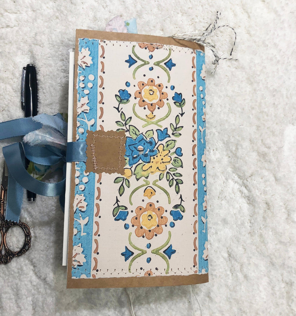 Whimsical Shabby Junk Journal- Blue Vintage Wallpaper with Blue Flowers and Lace