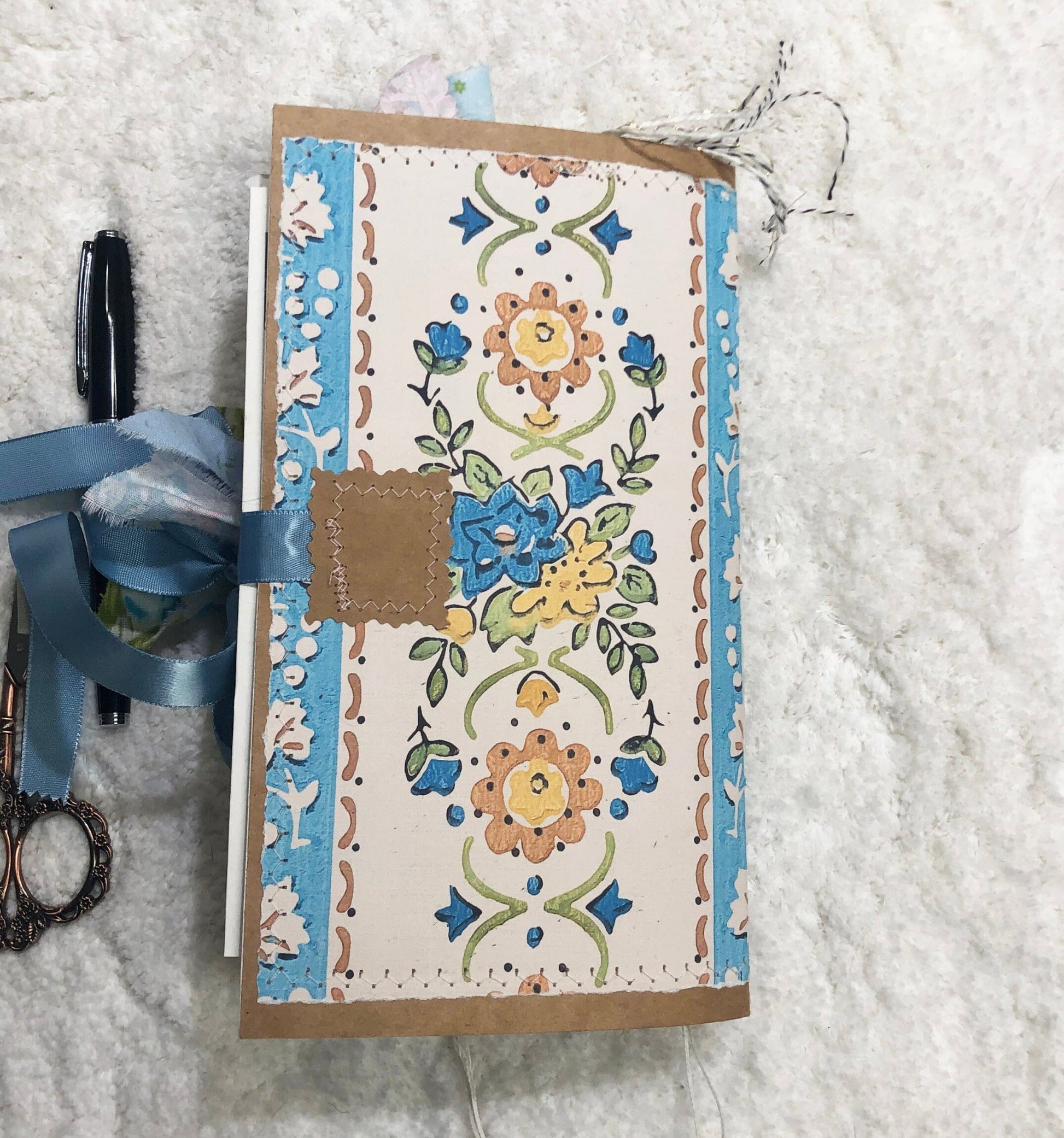Whimsical Shabby Junk Journal- Blue Vintage Wallpaper with Blue Flowers and Lace