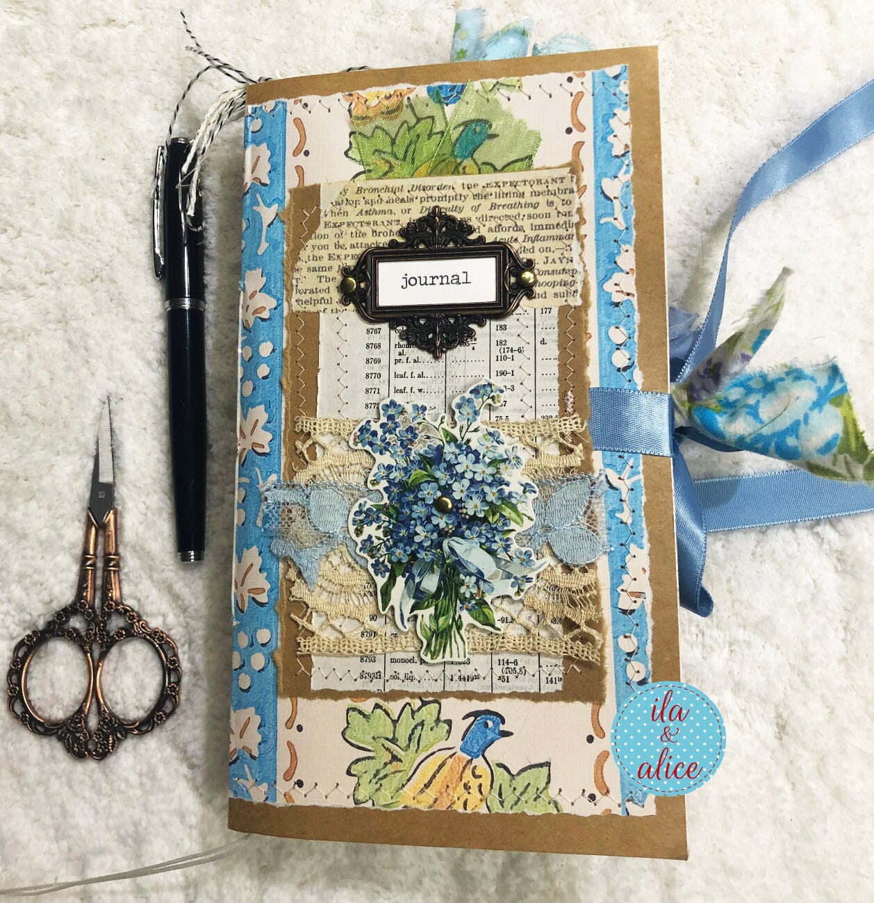 Whimsical Shabby Junk Journal- Blue Vintage Wallpaper with Blue Flowers and Lace