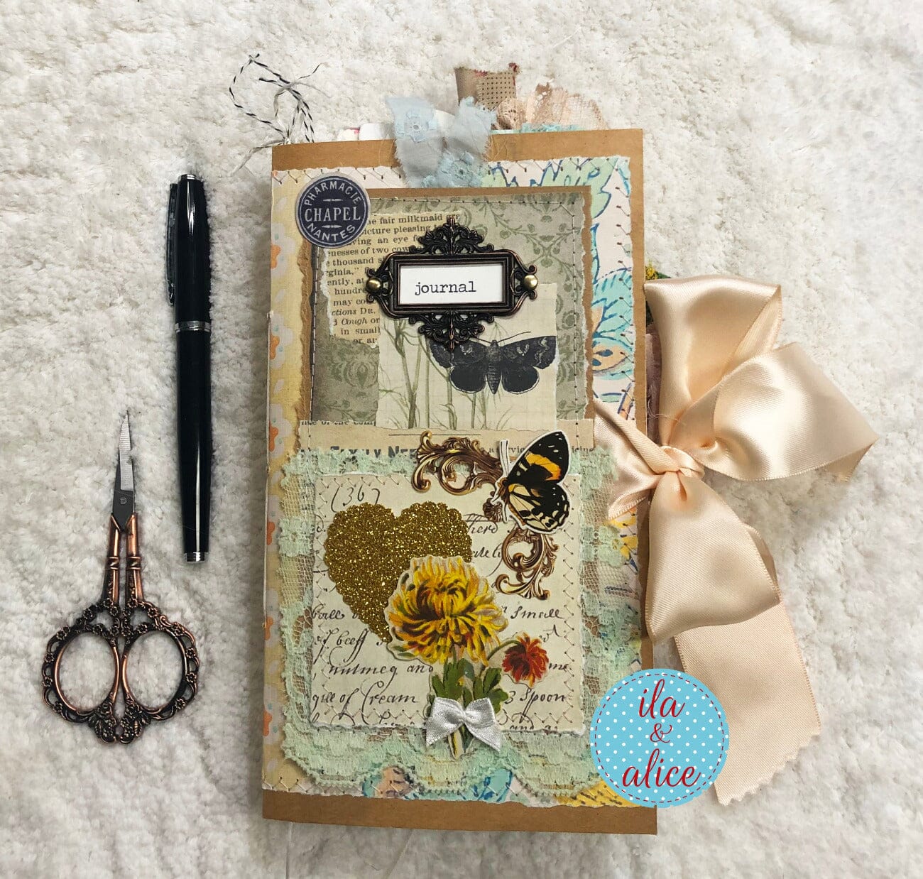 Whimsical Shabby Junk Journal- Elegant Collage with Flowers, Butterfly and Lace