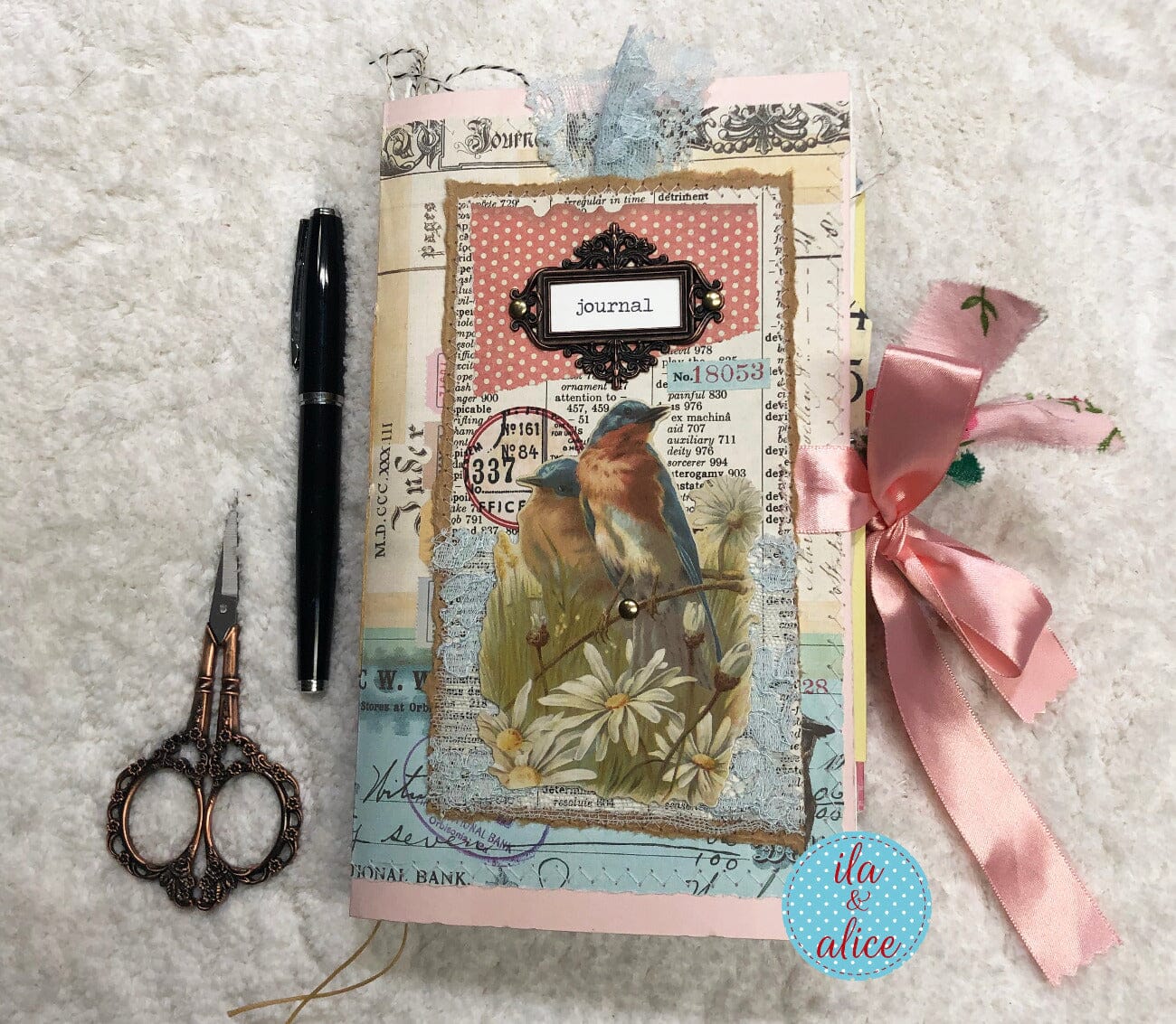 Whimsical Shabby Junk Journal- Pink and Blue Mixed Media w Polka Dots Blue Birds & Daisies