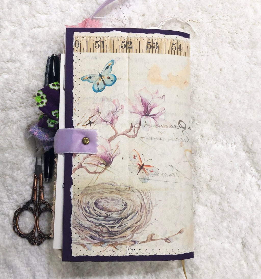 Whimsical Shabby Junk Journal- Purple and Lavender Floral Mixed Media w Lace