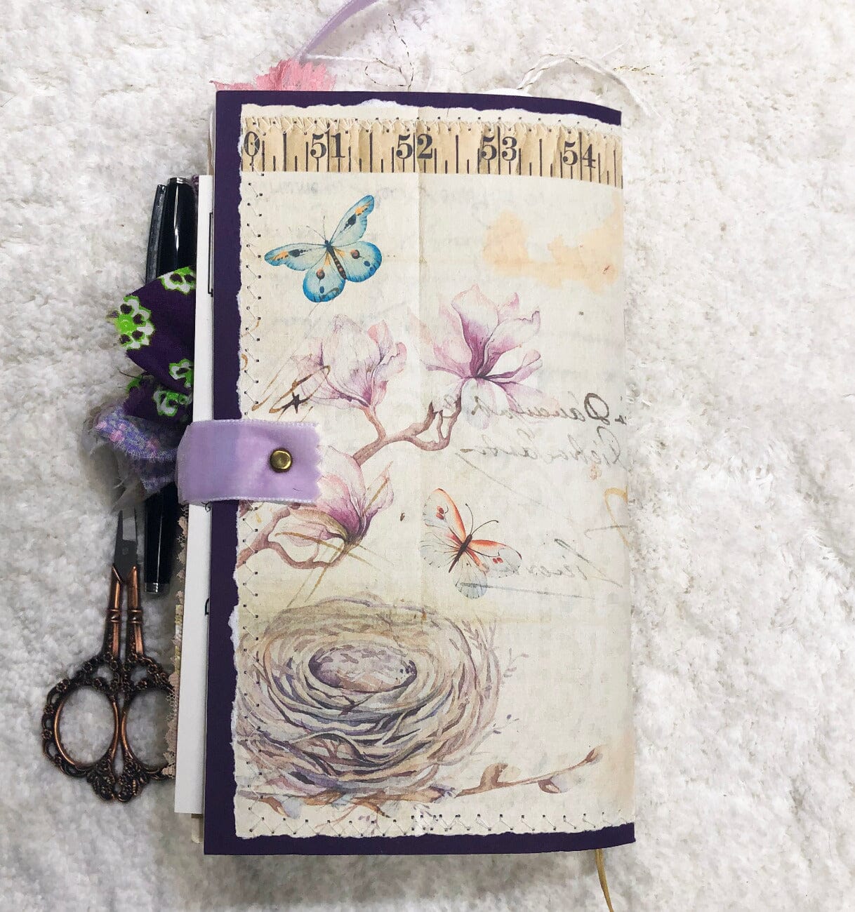 Whimsical Shabby Junk Journal- Purple and Lavender Floral Mixed Media w Lace