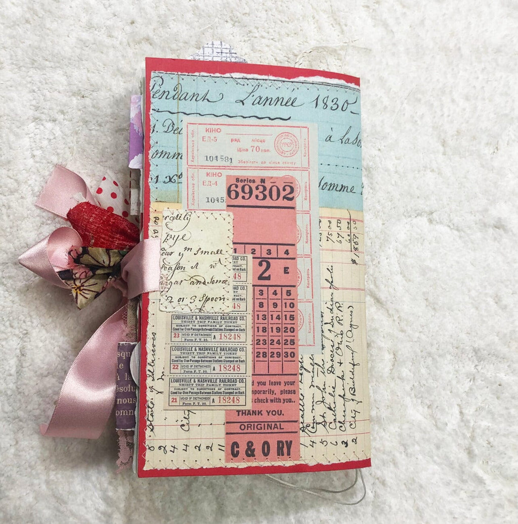 Whimsical Shabby Junk Journal- Pink and Blue with Polka Dots, Red Flowers and Lace