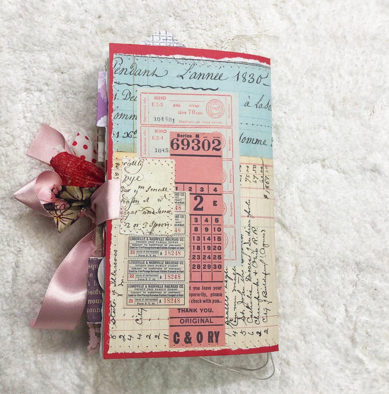 Whimsical Shabby Junk Journal- Pink and Blue with Polka Dots, Red Flowers and Lace