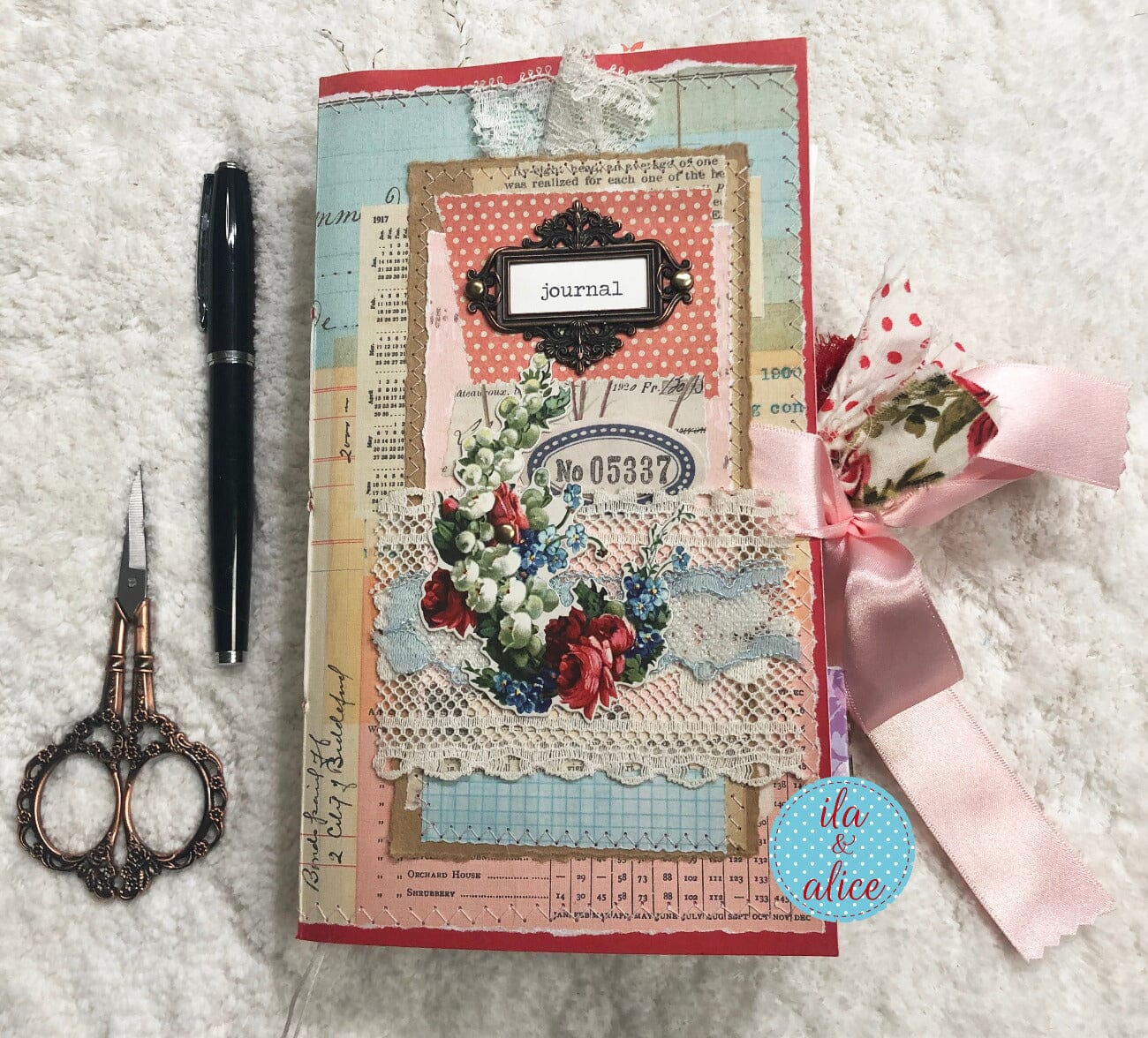 Whimsical Shabby Junk Journal- Pink and Blue with Polka Dots, Red Flowers and Lace