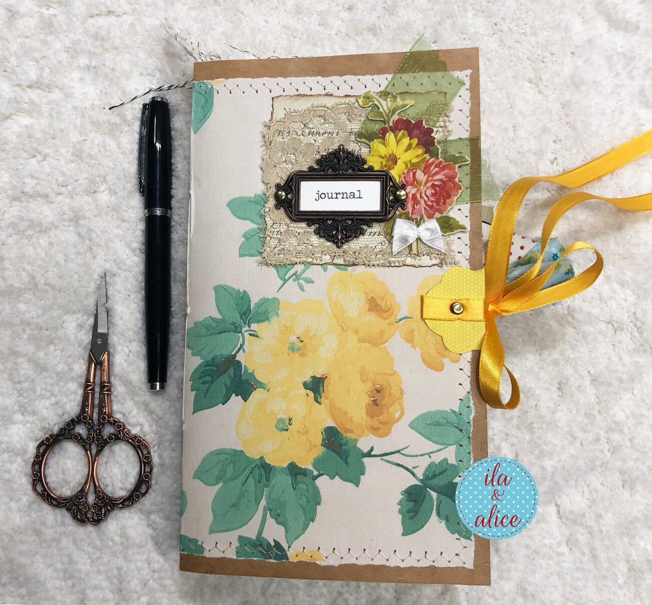Whimsical Shabby Junk Journal- Pretty Yellow Roses Mixed Media with Lace and Ribbon