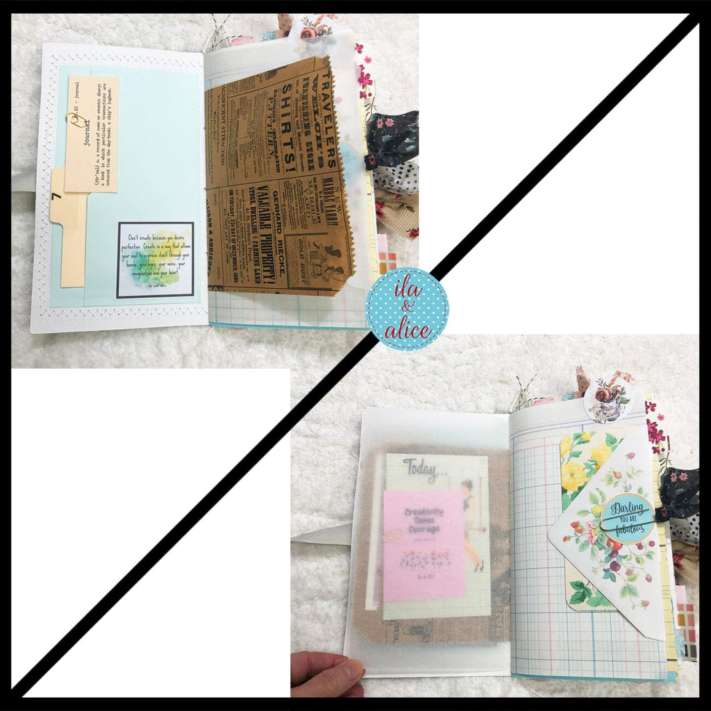 Whimsical Shabby Junk Journal- Pretty Neutral Tones Collage with Flowers & Lace