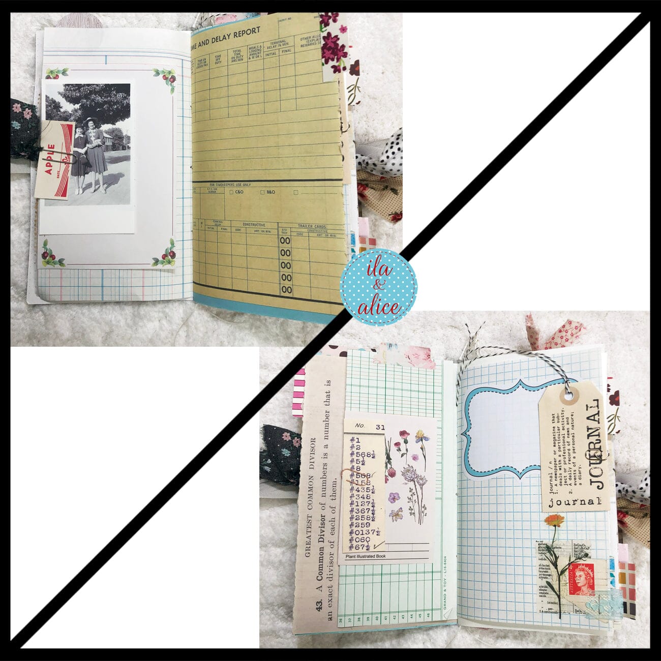 Whimsical Shabby Junk Journal- Pretty Neutral Tones Collage with Flowers & Lace