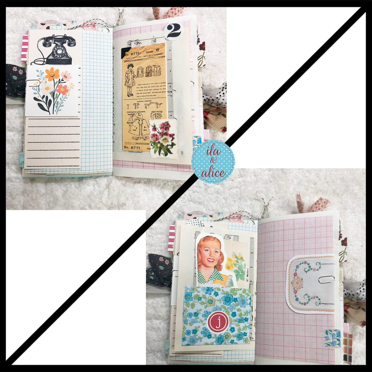 Whimsical Shabby Junk Journal- Pretty Neutral Tones Collage with Flowers & Lace