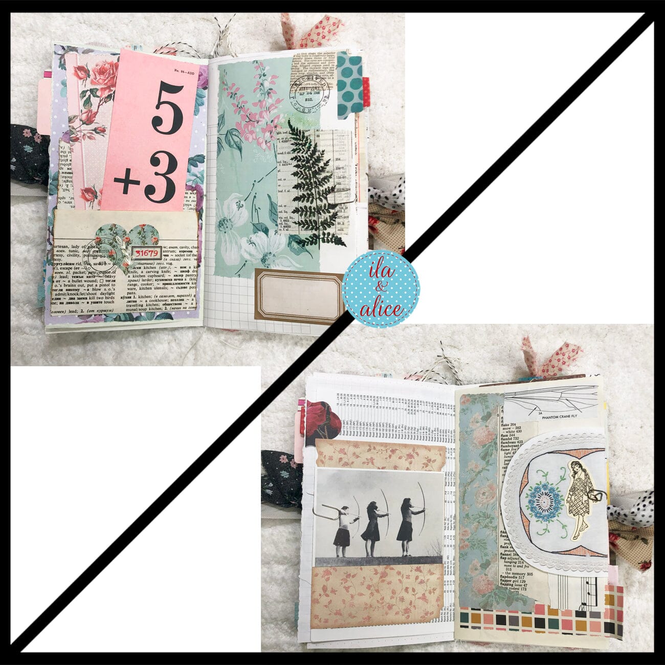 Whimsical Shabby Junk Journal- Pretty Neutral Tones Collage with Flowers & Lace