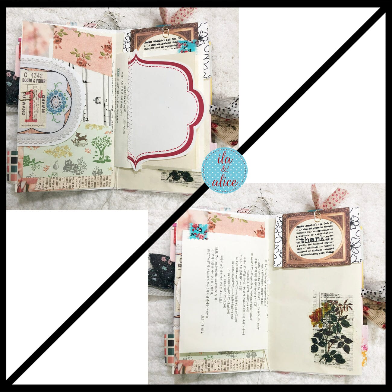 Whimsical Shabby Junk Journal- Pretty Neutral Tones Collage with Flowers & Lace