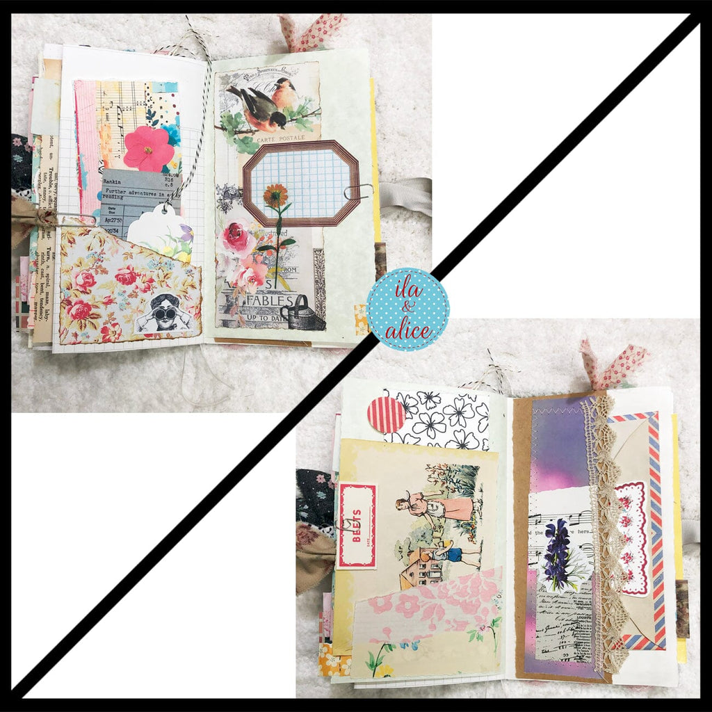 Whimsical Shabby Junk Journal- Pretty Neutral Tones Collage with Flowers & Lace