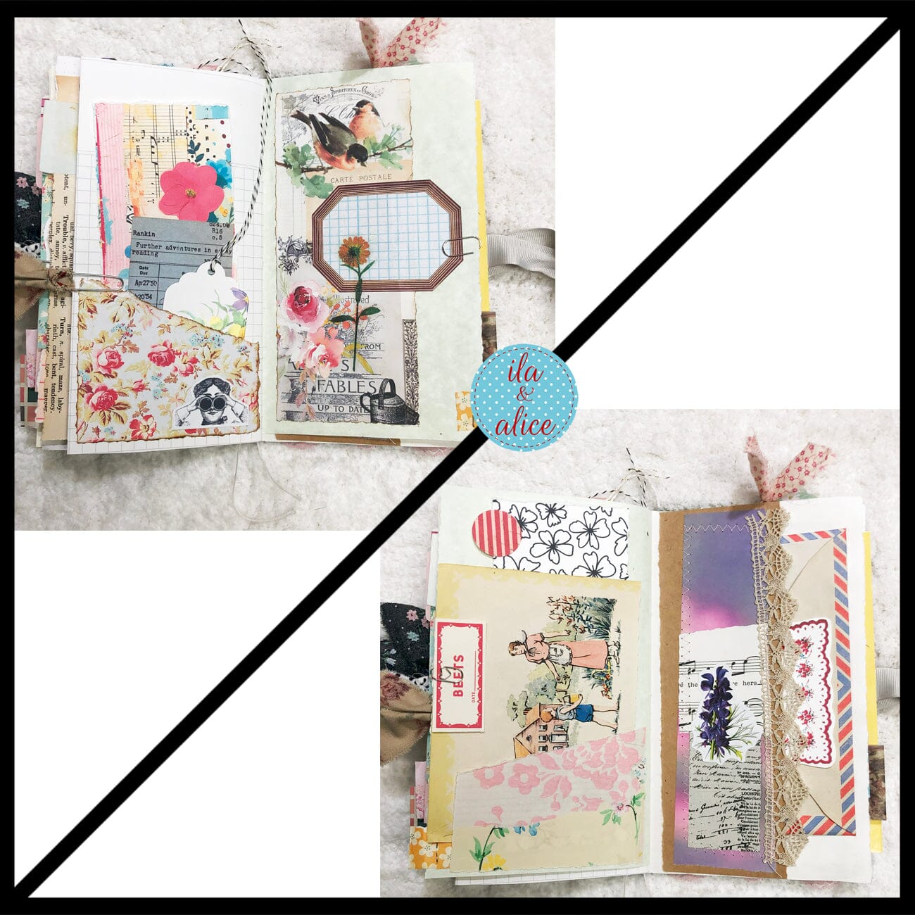 Whimsical Shabby Junk Journal- Pretty Neutral Tones Collage with Flowers & Lace