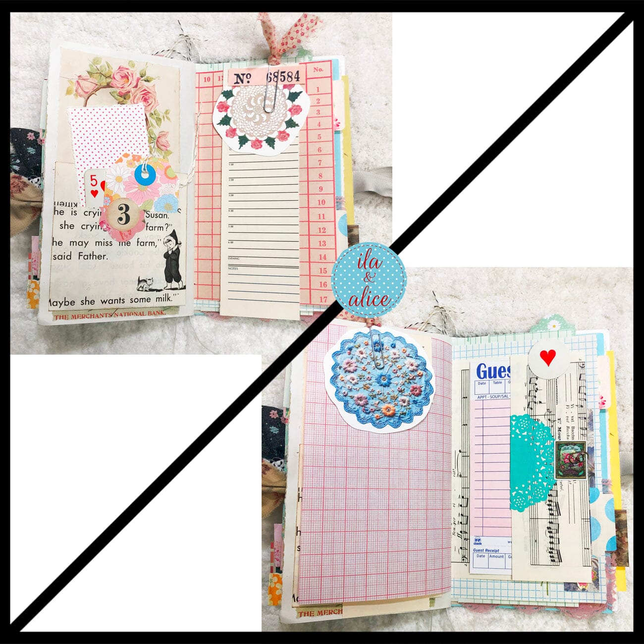 Whimsical Shabby Junk Journal- Pretty Neutral Tones Collage with Flowers & Lace