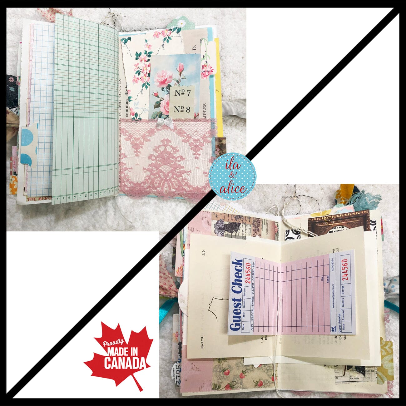 Whimsical Shabby Junk Journal- Pretty Neutral Tones Collage with Flowers & Lace