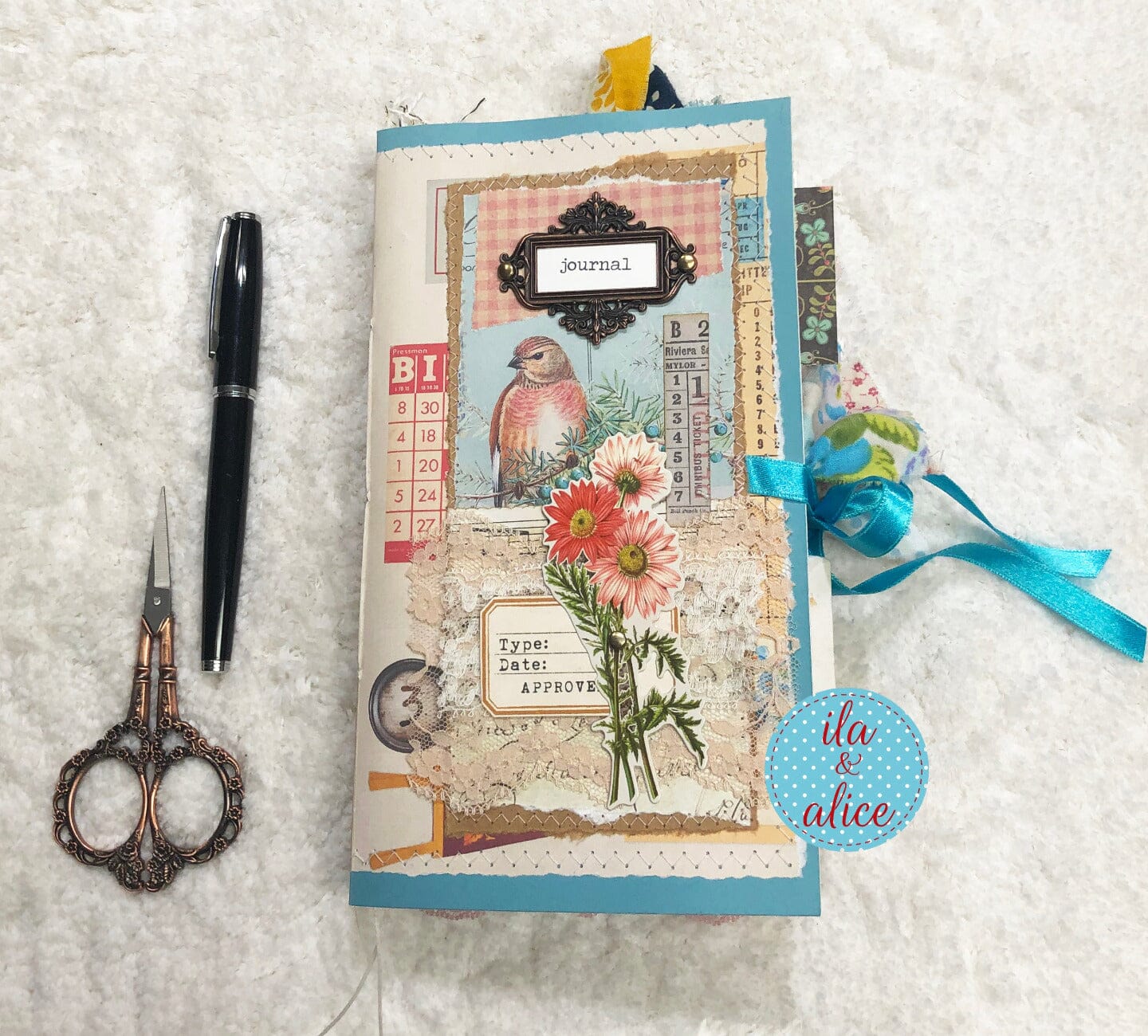 Whimsical Shabby Junk Journal- Blue w Birds Flowers and Lace Collage