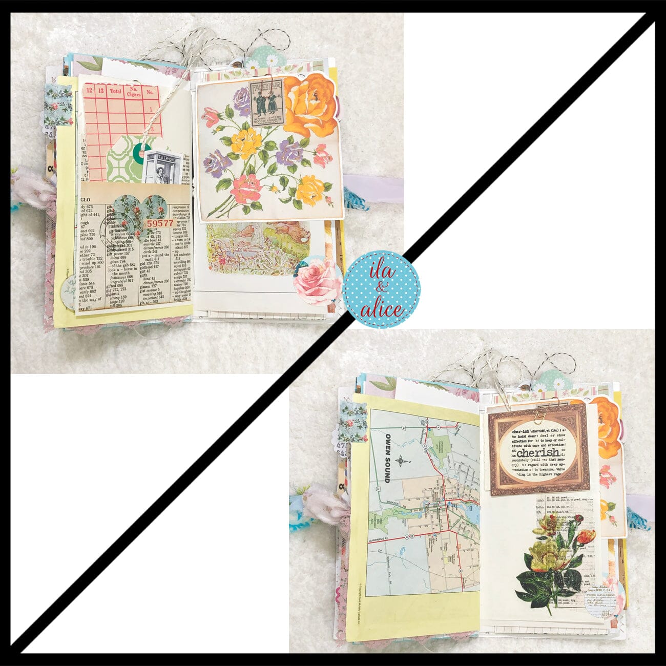 Whimsical Shabby Junk Journal- Blue Floral Mixed Media with Peacock and Lace