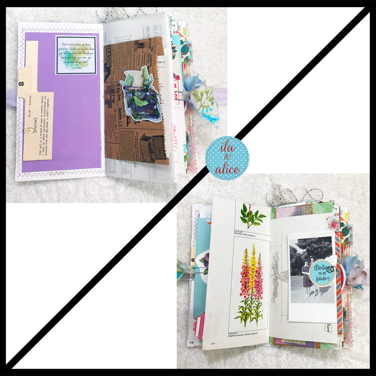 Whimsical Shabby Junk Journal- Blue Floral Mixed Media with Peacock and Lace