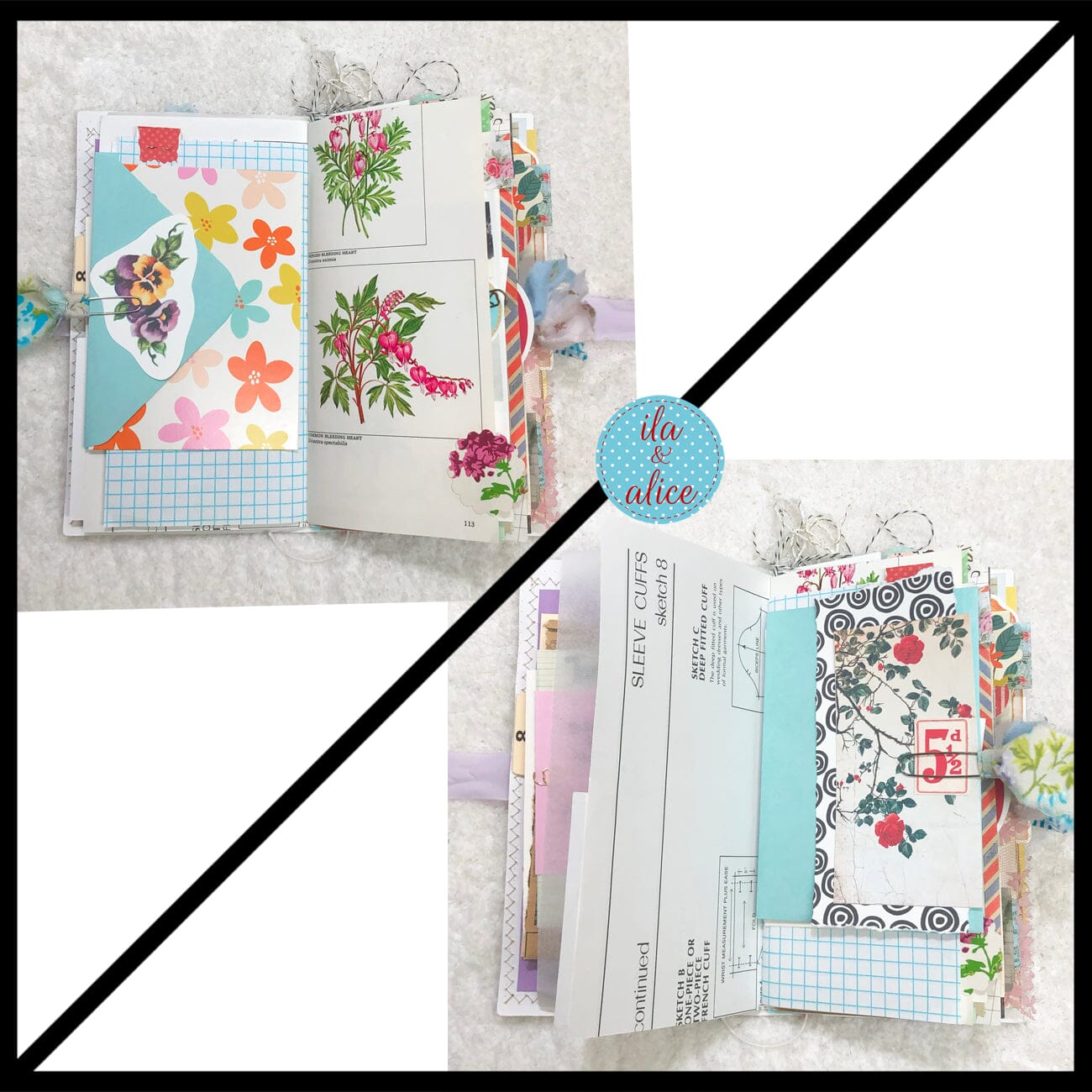 Whimsical Shabby Junk Journal- Blue Floral Mixed Media with Peacock and Lace