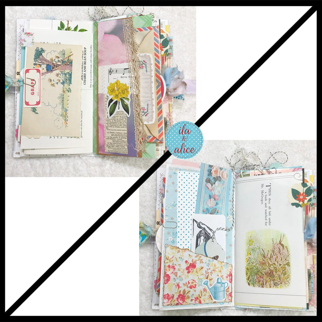 Whimsical Shabby Junk Journal- Blue Floral Mixed Media with Peacock and Lace