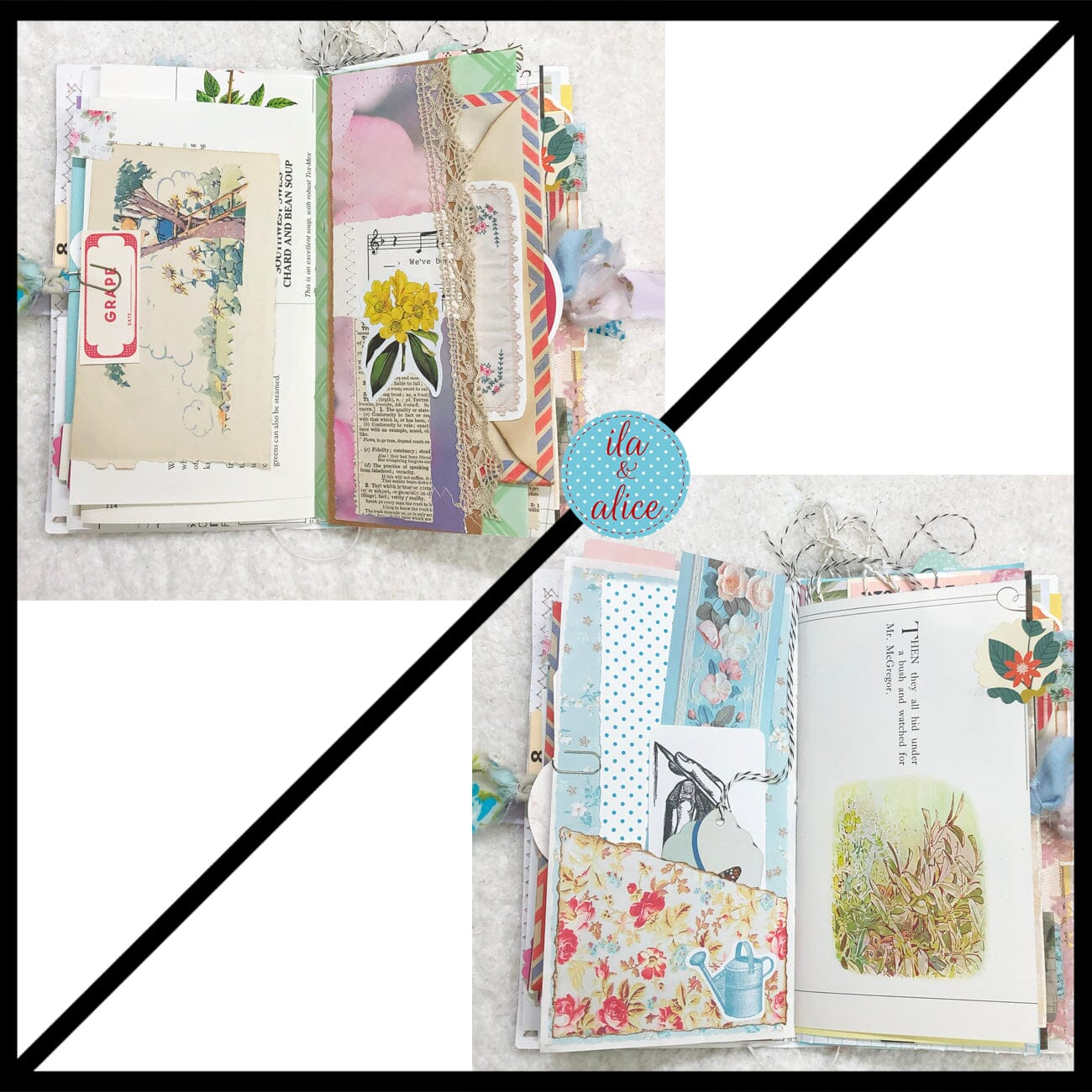 Whimsical Shabby Junk Journal- Blue Floral Mixed Media with Peacock and Lace