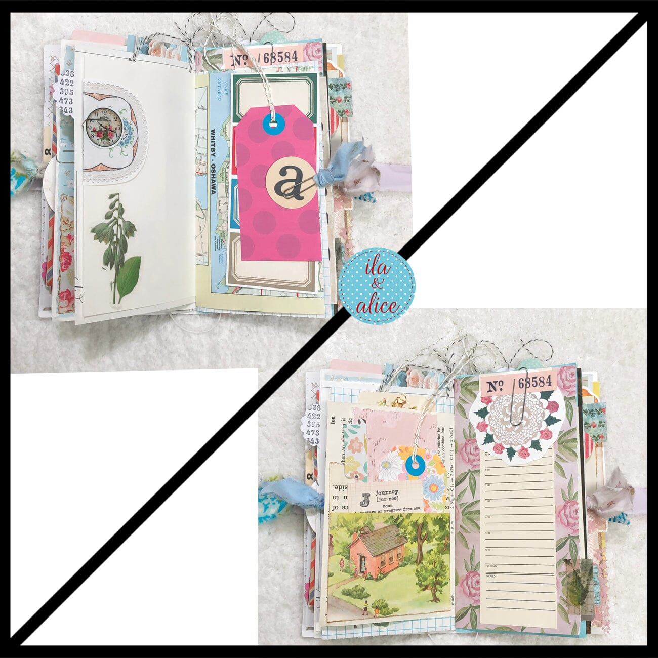 Whimsical Shabby Junk Journal- Blue Floral Mixed Media with Peacock and Lace