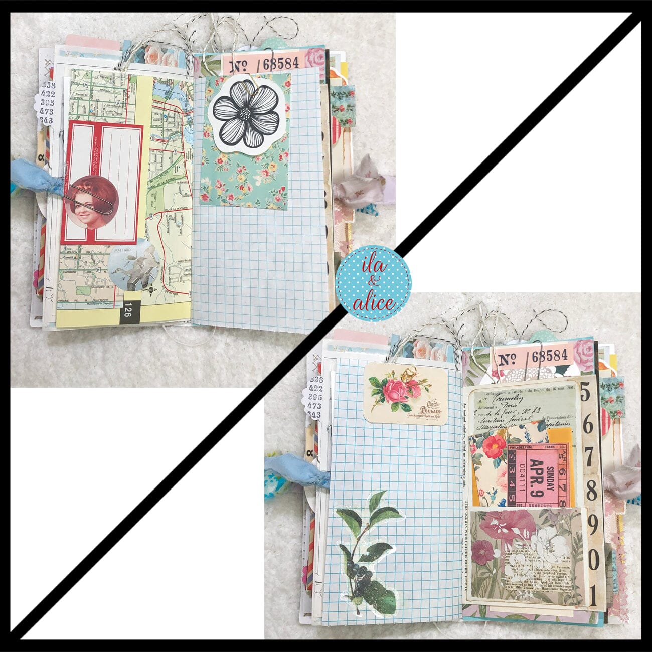Whimsical Shabby Junk Journal- Blue Floral Mixed Media with Peacock and Lace