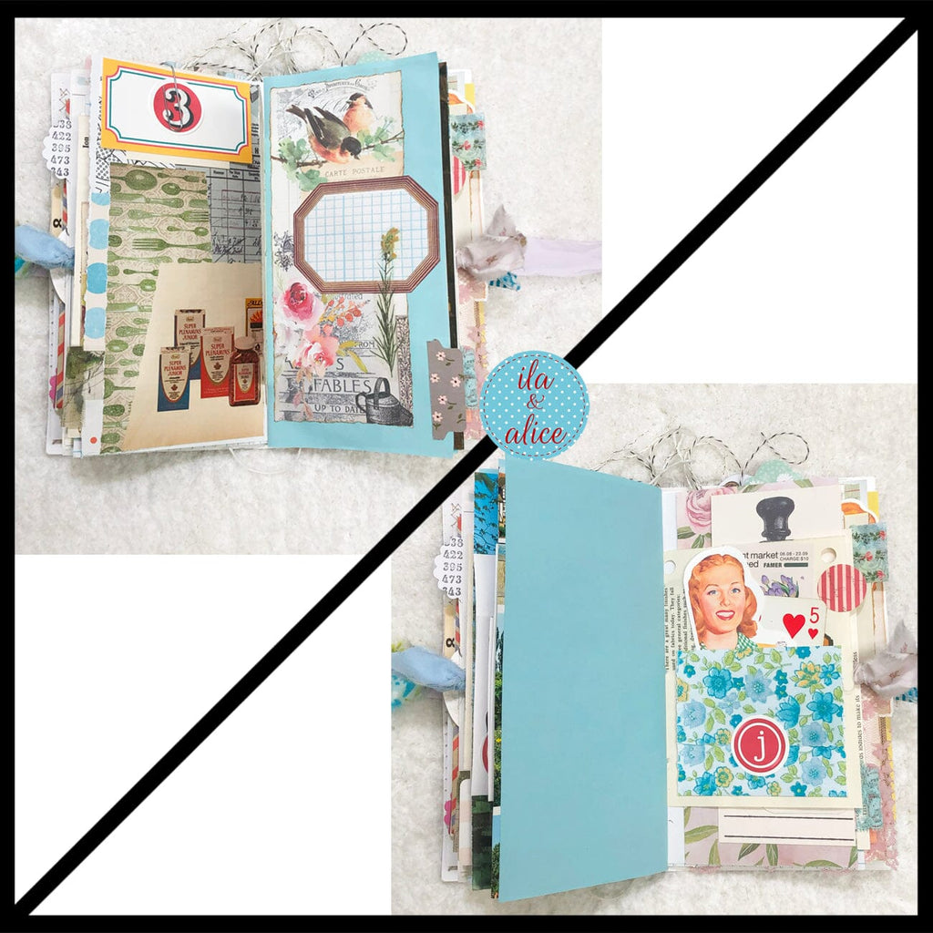 Whimsical Shabby Junk Journal- Blue Floral Mixed Media with Peacock and Lace