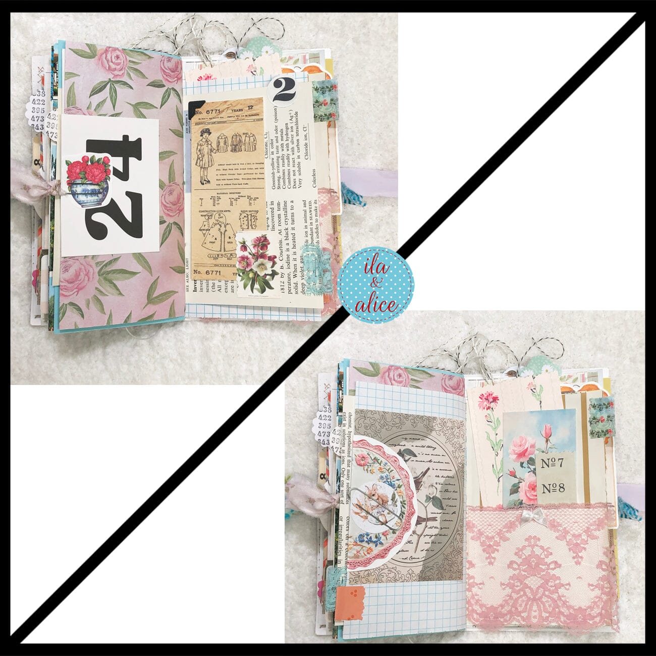 Whimsical Shabby Junk Journal- Blue Floral Mixed Media with Peacock and Lace