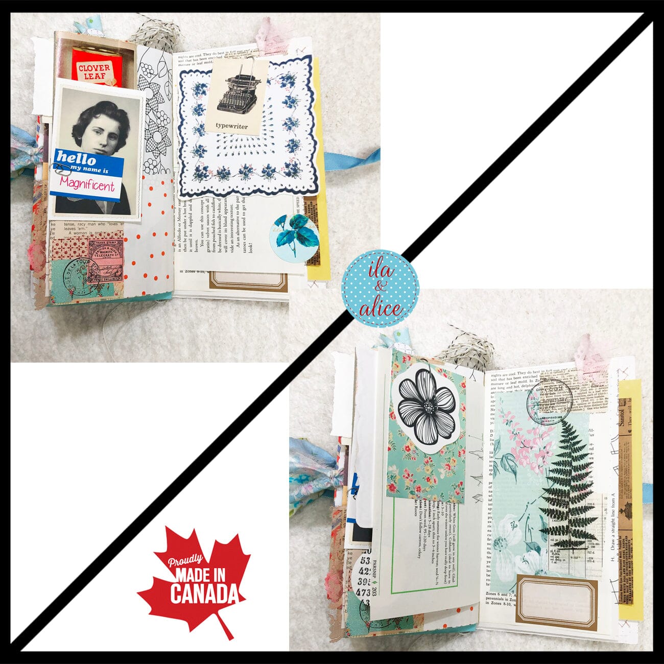 Whimsical Shabby Junk Journal- Blue Vintage Wallpaper with Blue Flowers and Lace