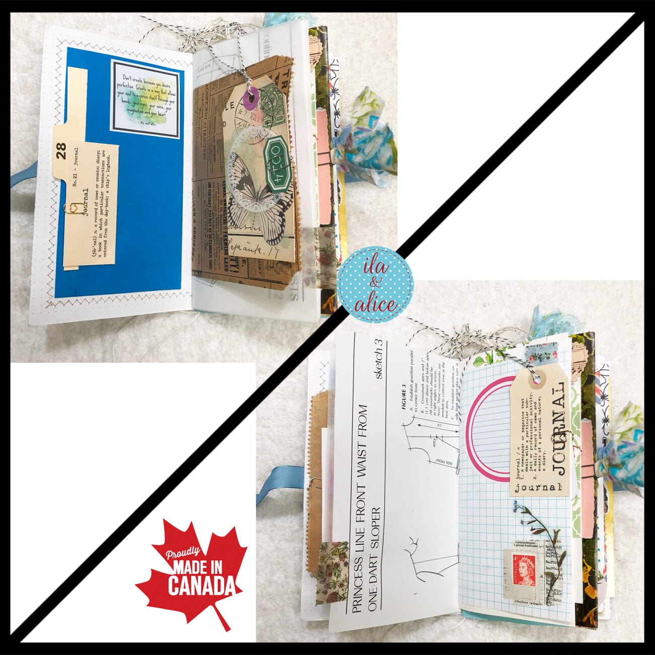 Whimsical Shabby Junk Journal- Blue Vintage Wallpaper with Blue Flowers and Lace