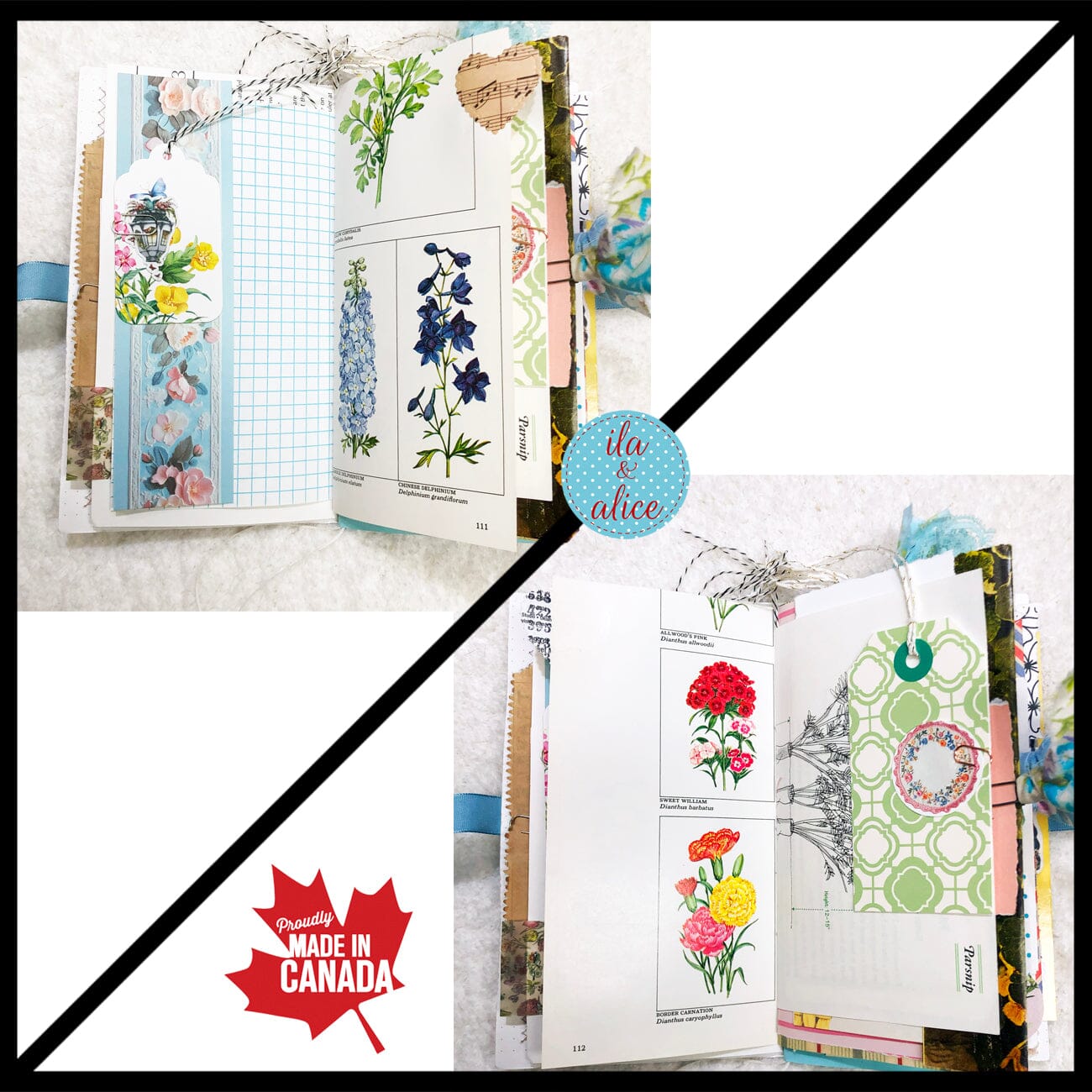 Whimsical Shabby Junk Journal- Blue Vintage Wallpaper with Blue Flowers and Lace